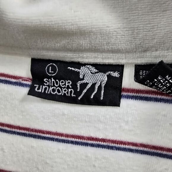 Vintage Sweatshirt Mens Large White Striped Velour 70s 80s Rugby Polo Pullover - Picture 3 of 11